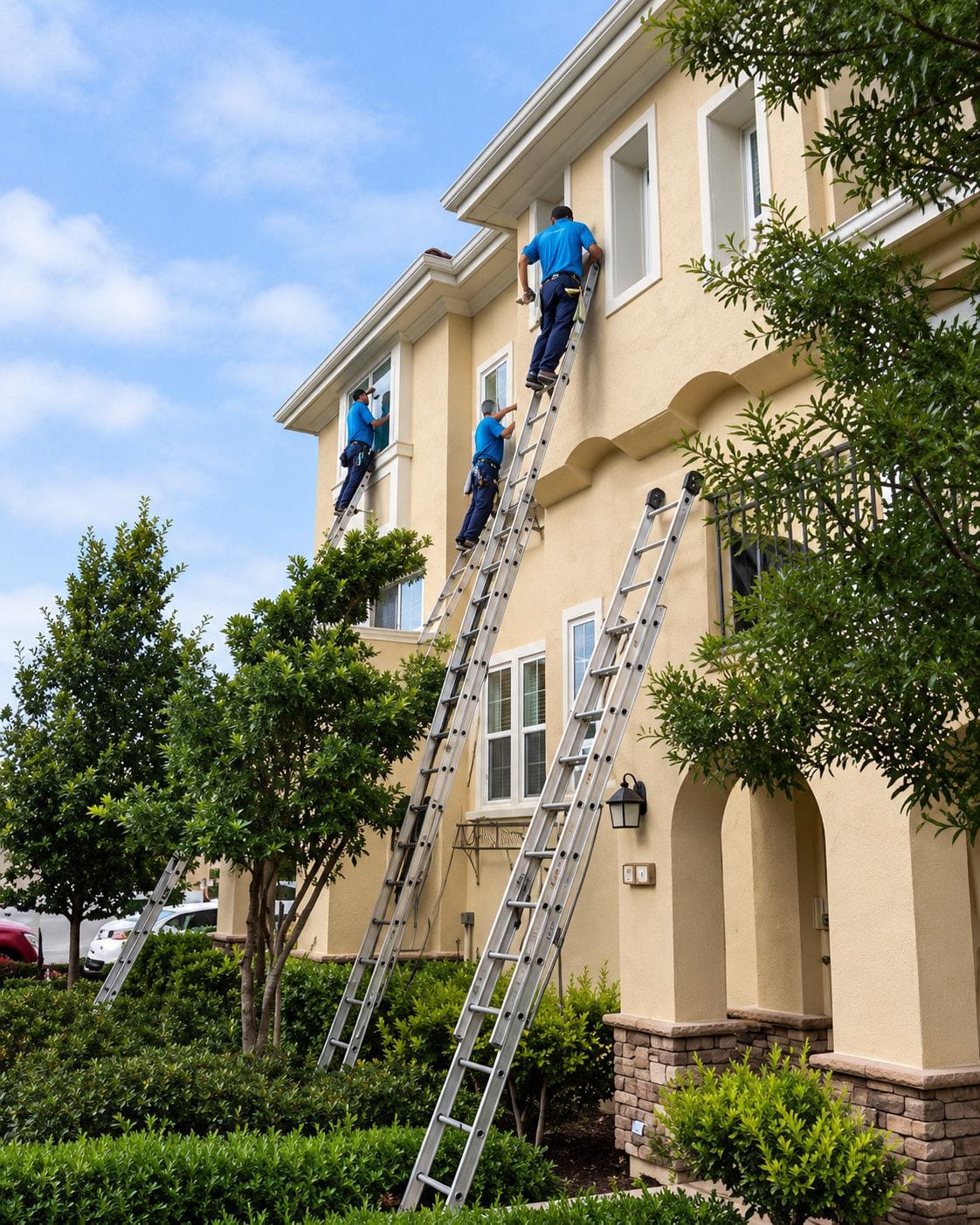 Valley Window & Gutter Cleaning technicians on ladders cleaning the exterior windows of a multi-story building