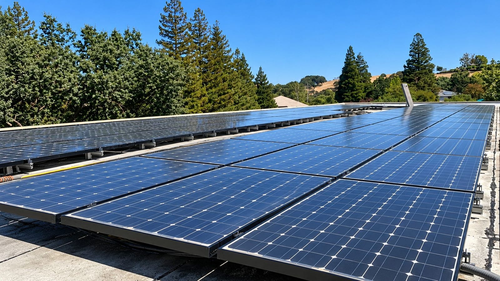 Clean rooftop solar panel array after professional cleaning
